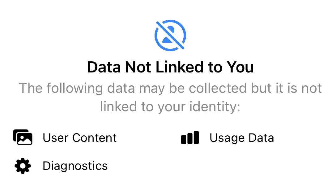 App Store privacy card: Data Not Linked to You. User Content, Usage Data, and Diagnostics may be collected but are not linked to your identity.