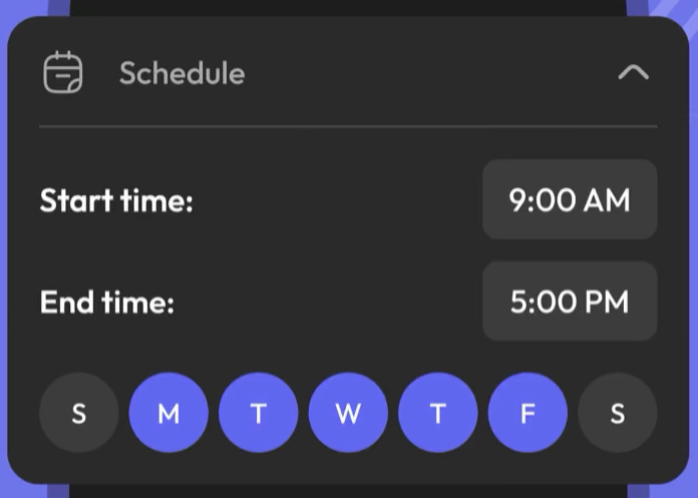 ScreenZen schedule configured from 9 AM to 5 PM on weekdays